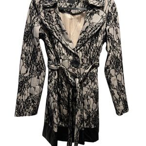 XOXO Women’s Black Lace Pattern Parisian Chic Trench Coat Haute Couture Look